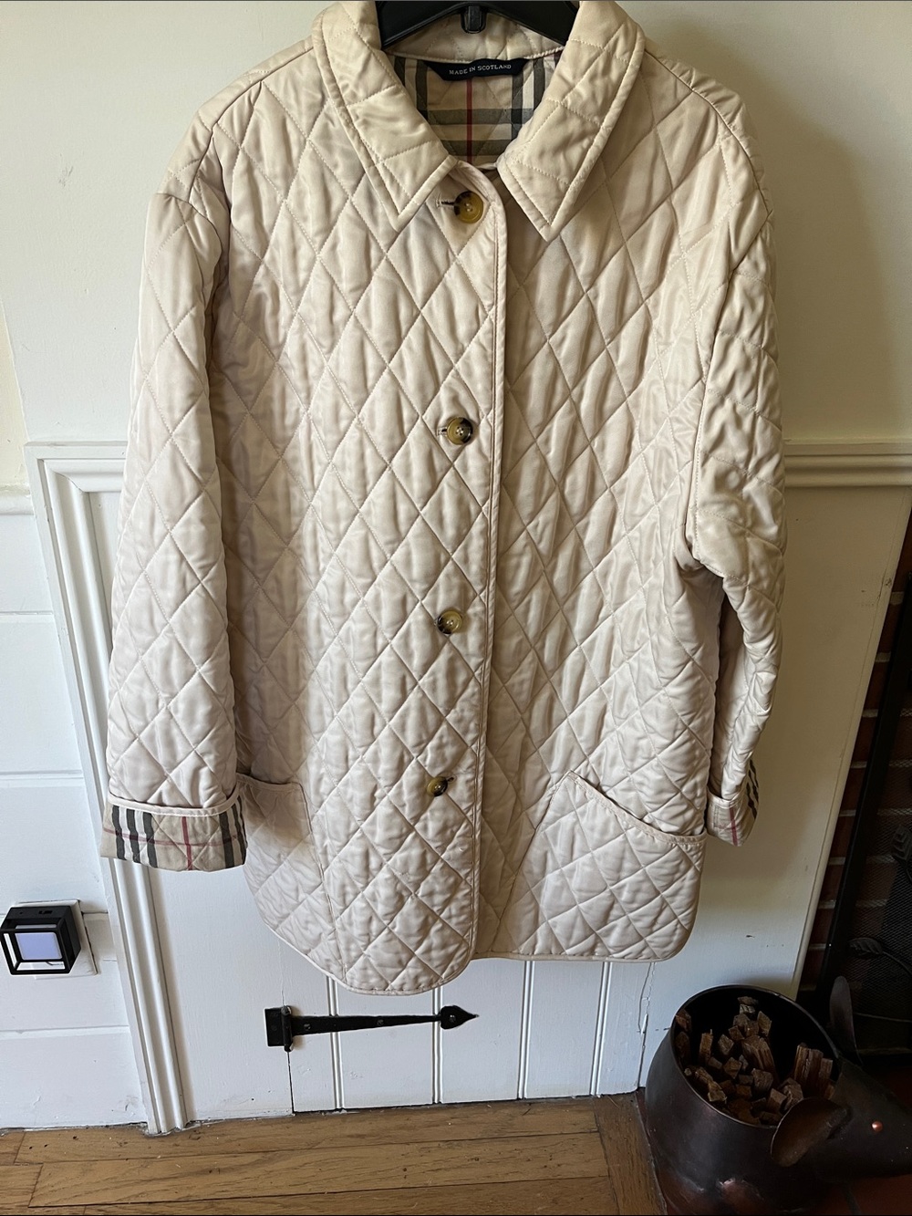 Burberry Cream Quilted Coat with Classic Check Trim